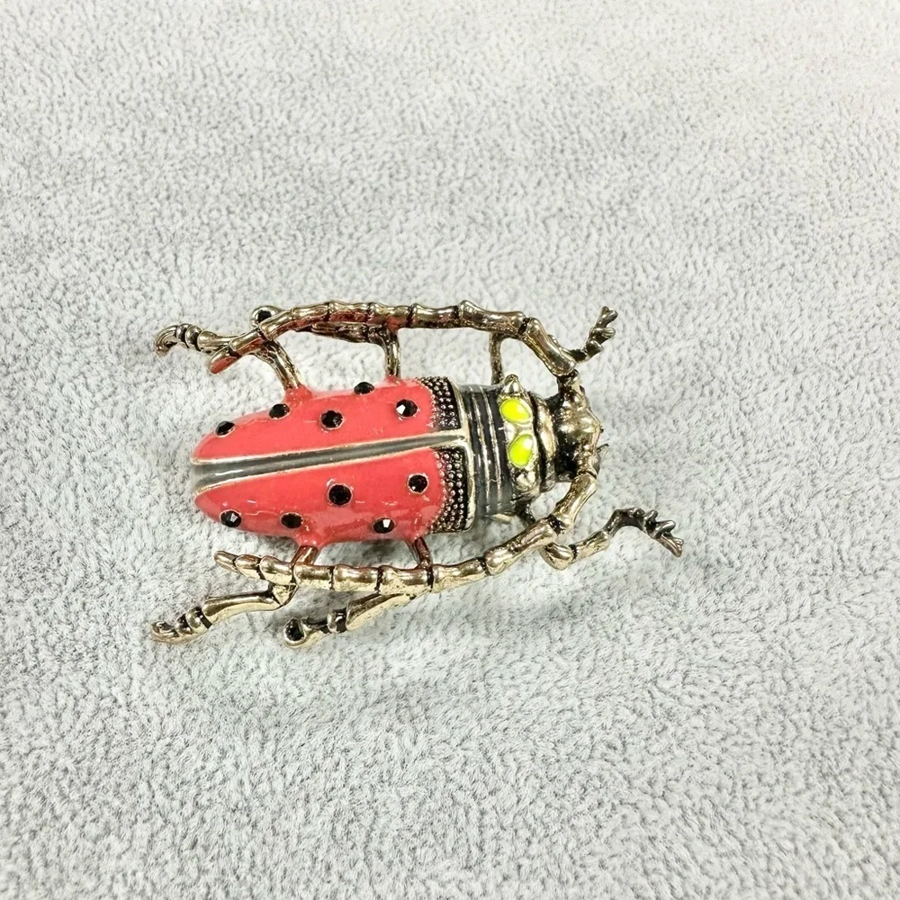 Red Crystal Enamel Longhorn Beetle Scarab Gold Tone Brooch Pin